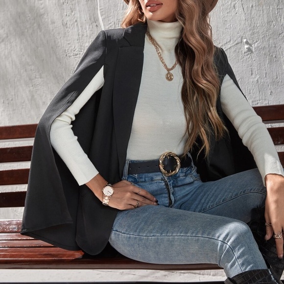 Black Chic Cape Blazer Jacket Coat Work - Picture 5 of 5